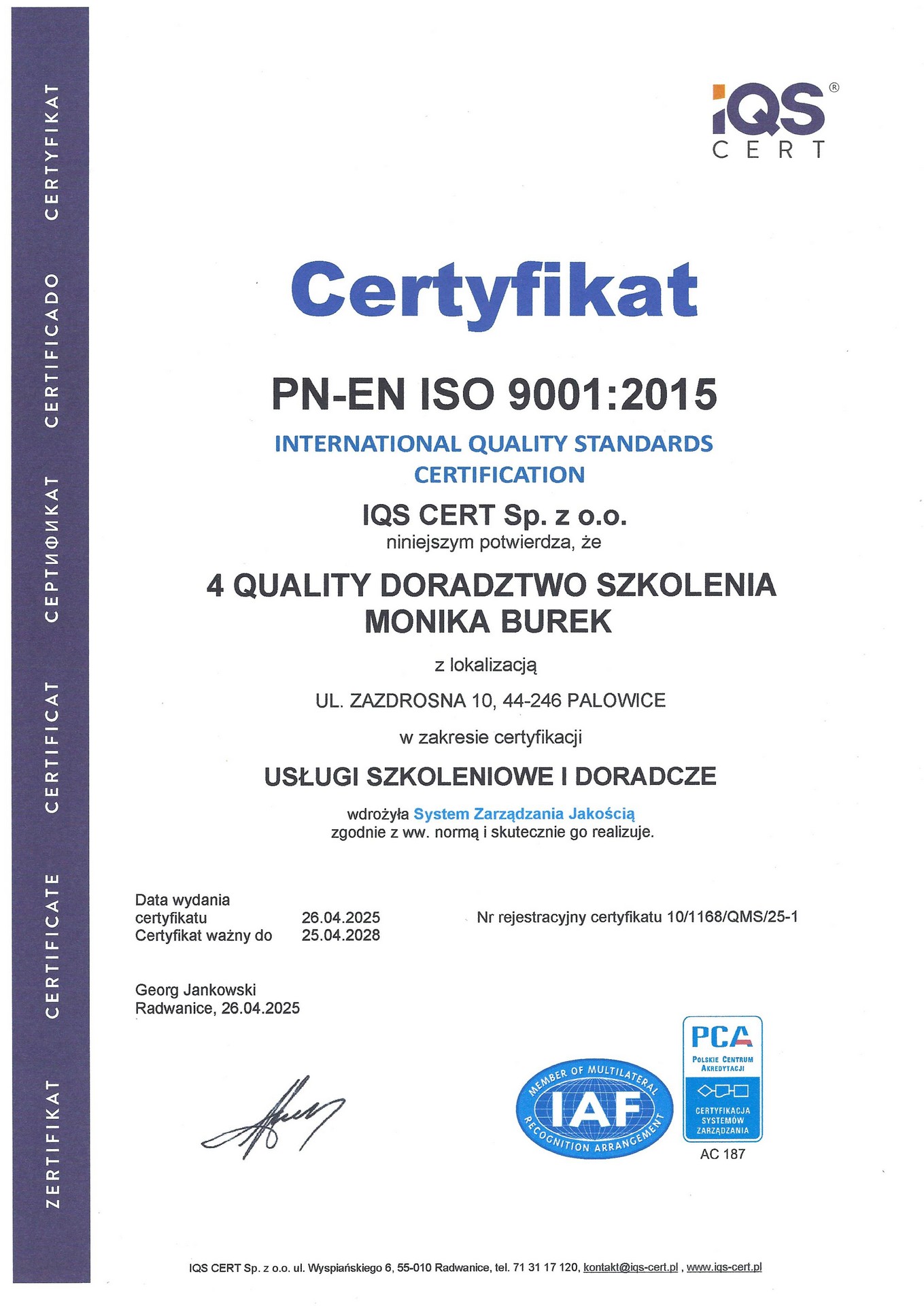 Certyfikat ISO 9001 4 QUALITY Monika Burek